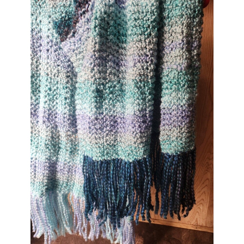 Soft Wide Handmade Scarf Crochet ~18x64 In. Multicolor Blue Stripes W/ Fringe - Picture 5 of 16